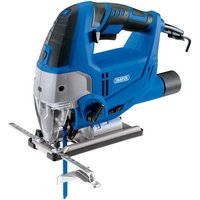 Blue and silver Draper JS800D jigsaw with ergonomic handle, adjustable base, and visible blade.