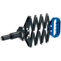 Black Draper Lazy Tong Riveter with blue ergonomic handle and expanding scissor mechanism.