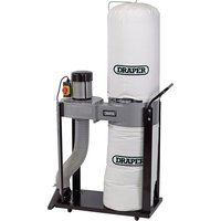 Draper dust extractor, 55L, 750W, with white collection bag, black frame, and flexible hose attachment.