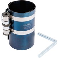 Blue Draper piston ring compressor with adjustable metal bands and L-shaped hex key.