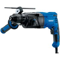 Blue and black Draper SDS+ rotary hammer drill with side handle and corded power cable.