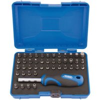 Blue Draper 45-piece security screwdriver bit set in a plastic case with ergonomic handle and assorted metal bits.