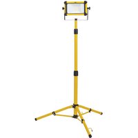 Yellow Draper SMD LED tripod site light, 50W, 5500 lumens, adjustable height, with sturdy tripod base.