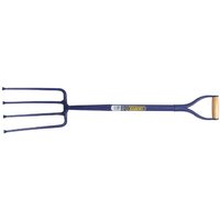 Blue Draper solid forged contractors fork with four tines and a wooden D-handle grip.