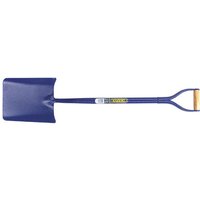 Blue Draper solid forged contractors taper mouth shovel with a wooden D-grip handle.