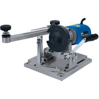Blue and silver Draper Storm Force 110W circular saw blade sharpener with adjustable arm and black knobs.