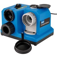 Blue Draper Storm Force 80W Drill Bit Sharpener with black base, multiple sharpening ports, and adjustable settings.