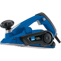 Blue Draper Storm Force electric planer, 82mm blade, 600W, ergonomic handle, black base, and adjustment knob.