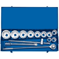 Blue metal case with 13-piece Draper metric socket set, including sockets, ratchet, and extension bars.