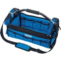 Blue Draper 420mm tote tool bag with black trim, multiple pockets, padded handle, and adjustable shoulder strap.