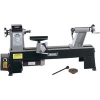 Blue and silver Draper mini wood lathe with black base, variable speed control, and 230V power supply.