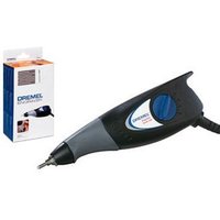 Dremel Engraver with soft grip, black and gray body, blue dial, pointed tip, includes packaging box.