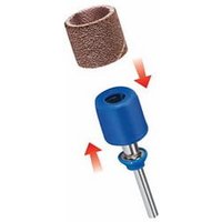 Dremel EZ SpeedClic sanding mandrel with blue holder and brown sanding band above, arrows indicating assembly.