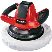 Red and black Einhell cordless car polisher with ergonomic handles and a round white polishing pad.