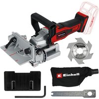 Red and black Einhell cordless biscuit jointer with silver cutting blade, dust bag, and adjustment tools.