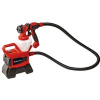Red and black Einhell cordless paint spray gun with detachable paint container and flexible hose.