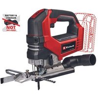 Red and black Einhell cordless jigsaw with brushless motor, ergonomic handle, and adjustable base plate.