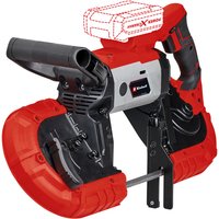 Red and black Einhell cordless bandsaw with ergonomic handle and exposed blade area, battery slot on top.