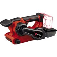 Red and black Einhell 18V brushless belt sander with ergonomic handle, dust collection box, and battery slot.