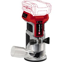 Red and black Einhell 18V cordless palm router with silver base, clear dust shield, and no battery attached.