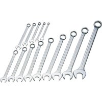 Elora 14-piece long imperial combination spanner set, silver wrenches with open and ring ends, arranged in size order.