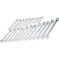 Silver Elora 22-piece long combination spanner set, sizes 8-32mm, featuring open and ring ends in ascending order.