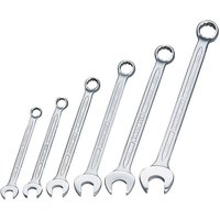"Set of six silver Elora Whitworth long combination spanners, varying sizes, open and ring ends, polished finish"