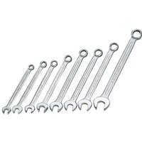 Elora 8-piece long combination spanner set, silver, sizes 8-17mm, open and ring ends, neatly arranged in ascending order.