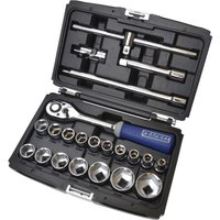 Black case with Expert 1/2in drive socket set, ratchet, and accessories, featuring chrome sockets and blue-handled wrench.