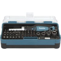 Makita B-36170 mechanics tool set with black and blue ratchet, sockets, and bits in a clear-lid case.