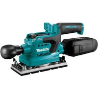 Teal Makita cordless finishing sander with black handle, rectangular base, and brushless motor housing.