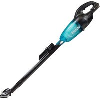 Black Makita cordless vacuum cleaner with ergonomic handle and slim nozzle, featuring a blue accent on the motor housing.