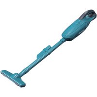 Makita cordless vacuum cleaner, teal color, slim design, long nozzle, ergonomic handle, bare unit without battery.