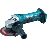 Makita DGA452Z 18V LXT angle grinder, teal and black, with side handle and 115mm disc.
