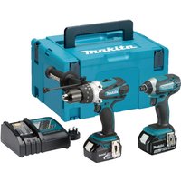 Makita blue and black drill and impact driver set with charger, two 5.0Ah batteries, and carrying case.