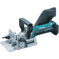 Makita DPJ180Z 18V LXT Biscuit Jointer, teal and black, with dust bag and adjustable fence.