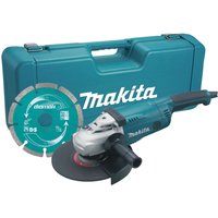 Makita GA9020KD1 110V 230mm angle grinder with teal case and diamond wheel, black handle and disc.