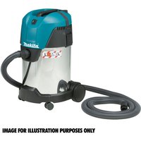 Blue and silver Makita VC3011L dust extractor with black hose and wheels, featuring a robust handle and 110V power.