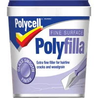 Polycell Fine Surface Polyfilla 500g tub with blue lid, smooth finish label, and spatula graphic.