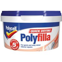 Polycell Multipurpose Quick Drying Polyfilla tub with blue lid and red label, dries in 5 minutes.