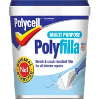 Polycell Ready Mixed Multi Purpose Polyfilla 1kg tub with blue lid and colorful label, featuring a filling knife graphic.