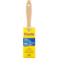 Purdy Pro-Extra Monarch brush with wooden handle, yellow and blue packaging, and synthetic bristles.