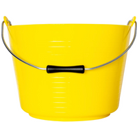 Yellow Red Gorilla flexible bucket, 22 liters, with ribbed sides and metal handles with black grip.