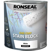 Ronseal One Coat Stain Block 2.5L, white can with roller image, blue label, and yellow text.
