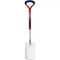 Stainless steel digging spade with red and blue handle, featuring a D-grip and Spear and Jackson branding.