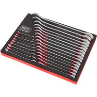 Sealey 25 piece combination spanner set, sizes 6-32mm, chrome finish, neatly arranged in black and red tray.