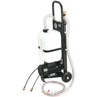 Mobile oil drainer with white tank, black frame, wheels, hoses, and gauge, powered by 230V motor.