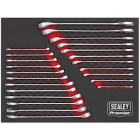 Sealey 23 piece spanner set with silver and red combination wrenches in metric and imperial sizes on black tray.