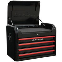Black and red Sealey topchest with four drawers and retro style design, featuring side handles and a lift-up lid.