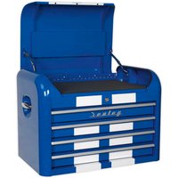 Blue and white Sealey topchest with four drawers, retro style, curved edges, and chrome handles.